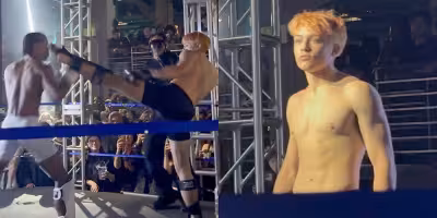 Knox Leon Jolie-pitt spars in Downtown LA Muay Thai exhibition at 17