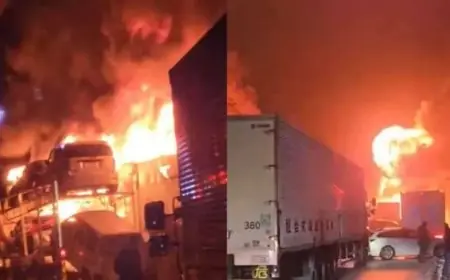 حادث مروري مروع يشعل حريقاً هائلاً في اليابان