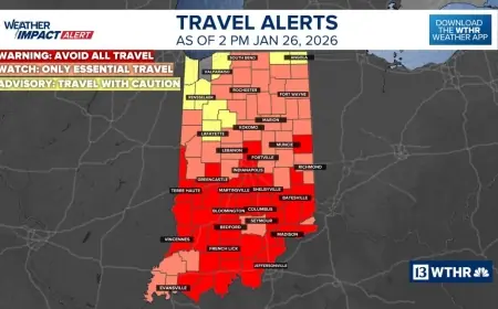 Indiana Travel Advisory Map Update: Dozens of Counties Under Warning or Watch as Extreme Cold and Snow Keep Roads Risky