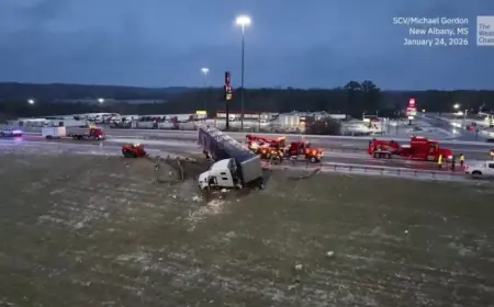 Mississippi Freeze: Trucks Slide Off Treacherous Icy Roads