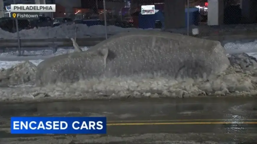 Philadelphia Woman Discovers Car Encased in Ice After Pipe Burst on Front Street
