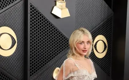 Sabrina Carpenter Wows in Ruffled, Pearl-Embellished Transparent Grammys Gown