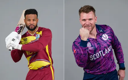 West Indies vs Scotland Live Cricket Score: Hetmyer’s Late Surge Pushes WI to 175 for 4 After 19 Overs in T20 World Cup Group Match