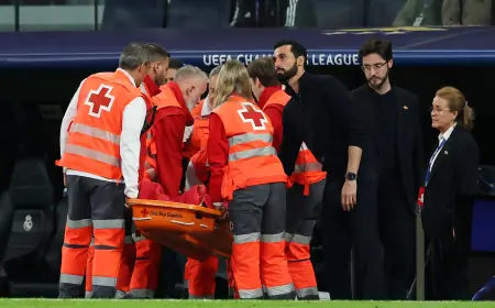 Raul Asencio carted off after collision with Camavinga in Champions League tie
