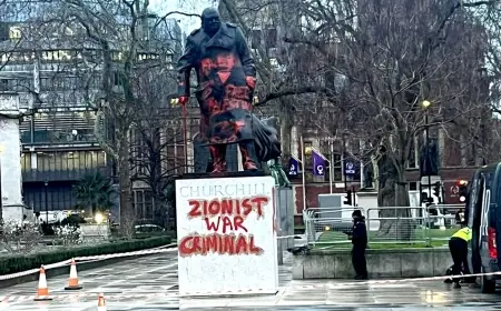 Parliament Square Winston Churchill statue defaced with graffiti; Zionist slogan sprayed