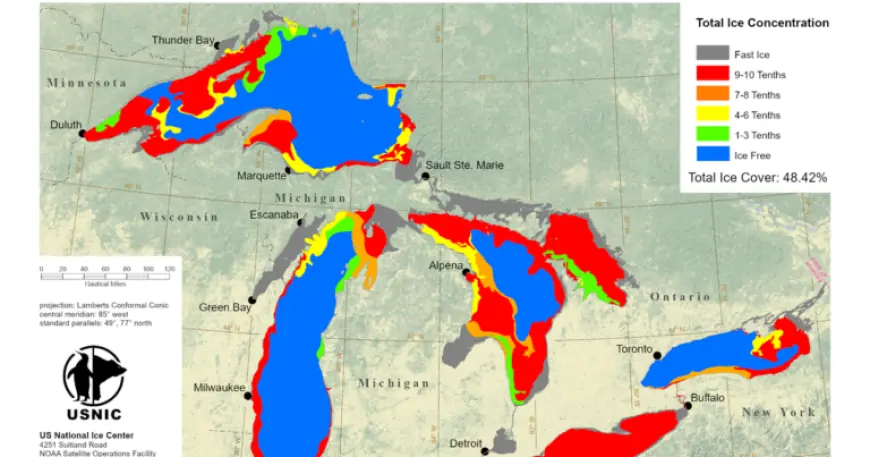 Great Lakes Ice Coverage Surges, Lake Erie Reaches 95% Coverage