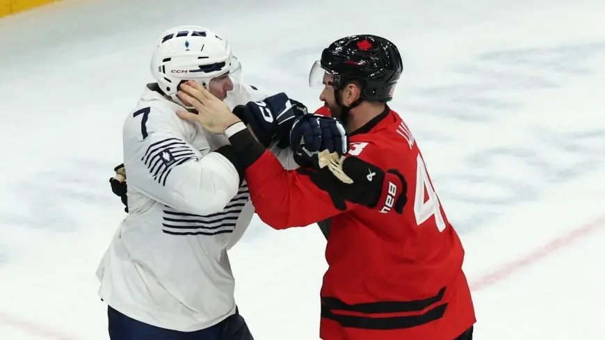 Olympic hockey altercation: Tom Wilson confronts pierre crinon after MacKinnon hit