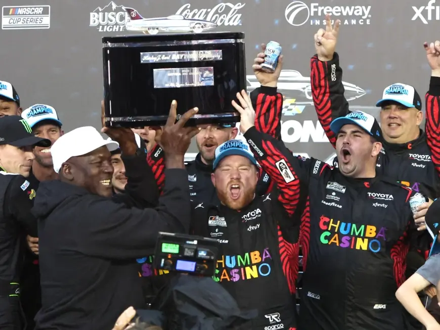 Daytona 500 victory for 23XI Racing as michael jordan celebrates with Tyler Reddick