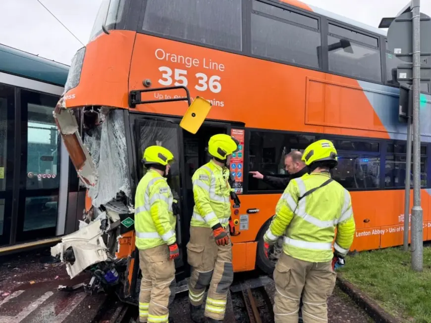 bbc news: Tram derailed after collision with bus in Chilwell; passengers treated for minor injuries
