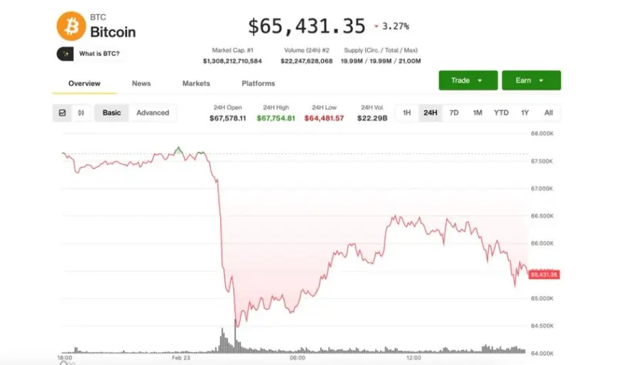 Cryptocurrency: Bitcoin Falls Below $65,000 Amid U.S. Stock Rout