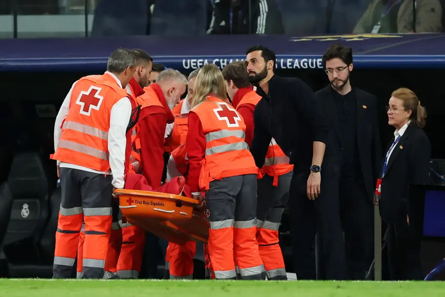 Raul Asencio carted off after collision with Camavinga in Champions League tie
