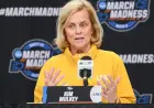 LSU’s Kim Mulkey Dazzles in Shimmery Purple at Sweet 16 vs. Duke