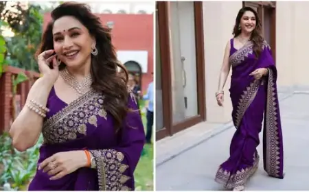 Madhuri Dixit Wows in Regal Purple Saree and Diamond Jewels