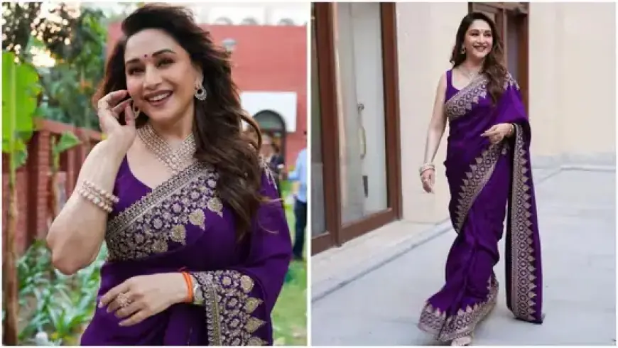 Madhuri Dixit Wows in Regal Purple Saree and Diamond Jewels