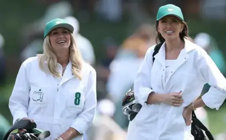 Paulina Gretzky Caddies for Dustin Johnson at Masters Par 3 Contest